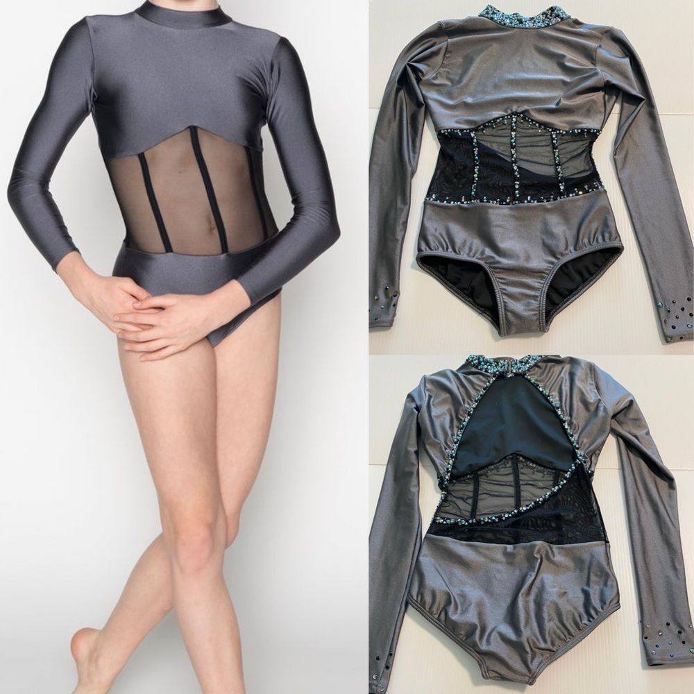 AA dance design costume solo custom gray Ginger leotard rhinestone LC child